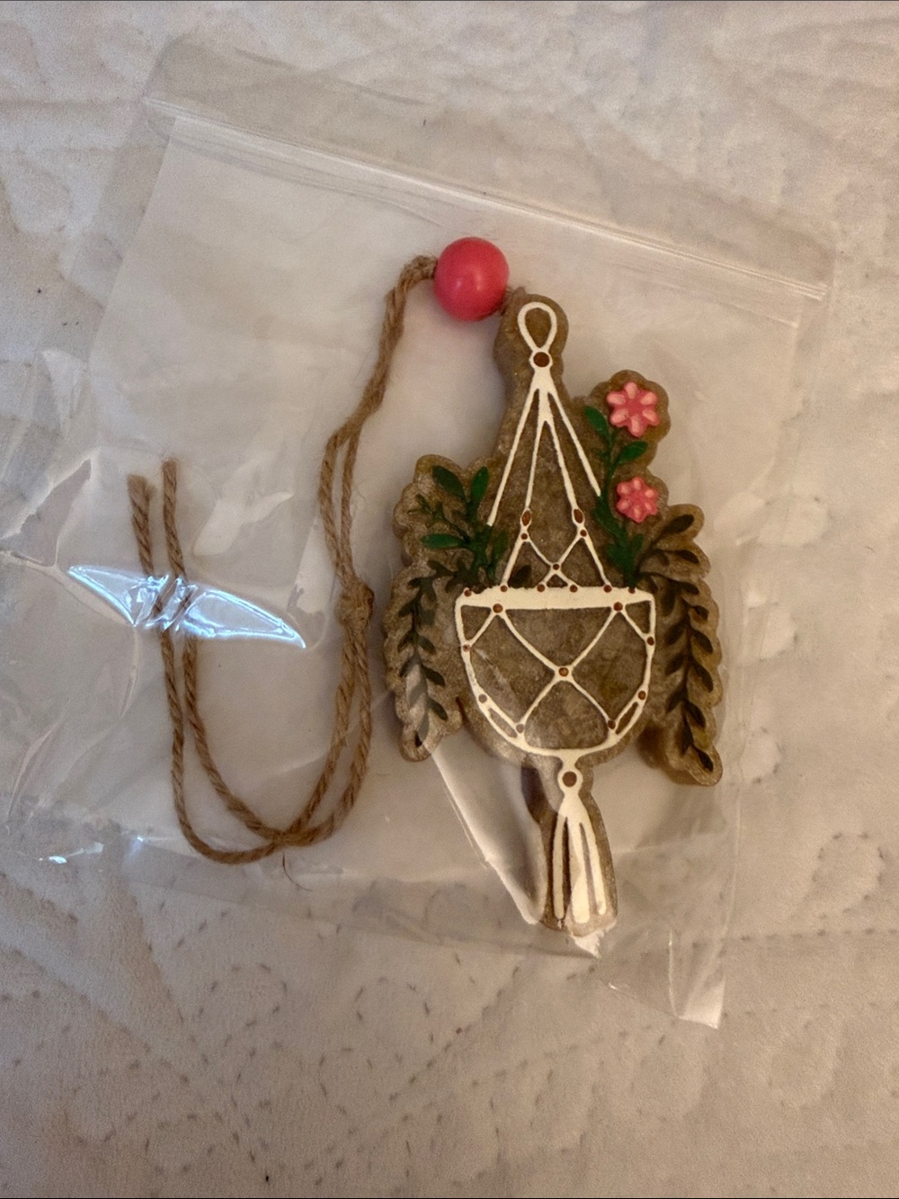 Handpainted Hanging Macrame Plant Car Freshie with Pink Flowers